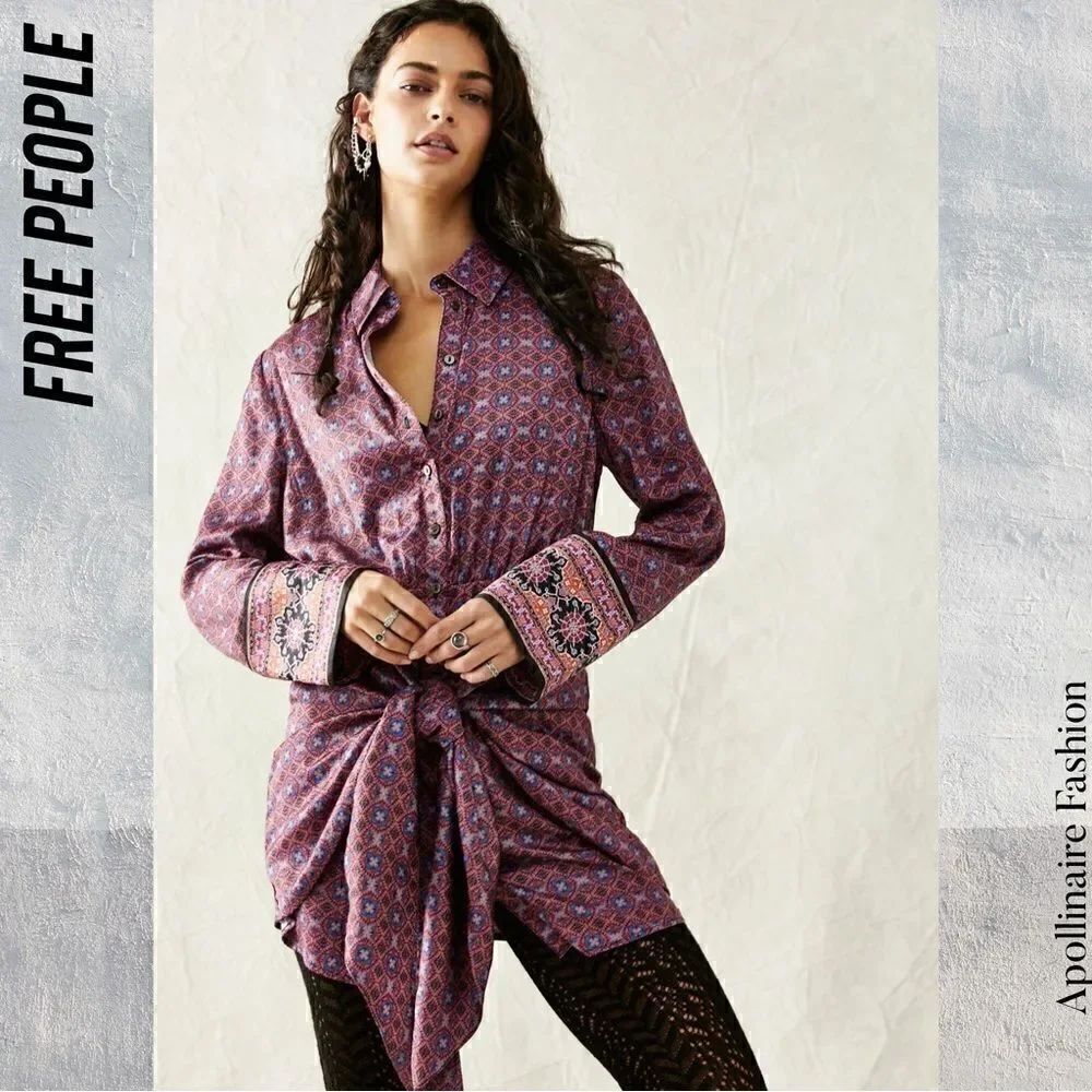 FREE PEOPLE SILKY RILLO SHIRTDRESS PLUM PURPLE COMBO NWT XS